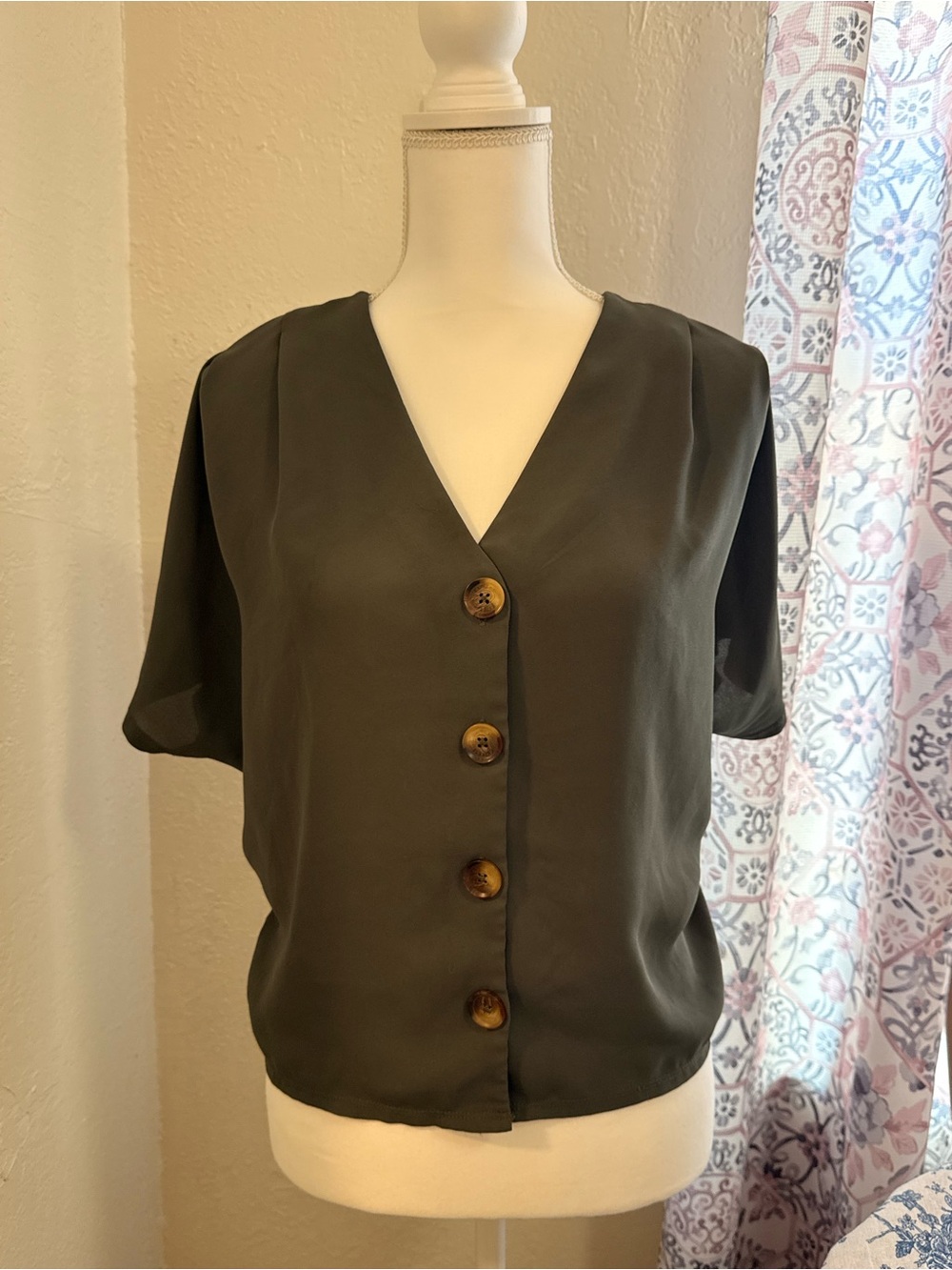 Express Olive Green Button-Front Dolman Blouse